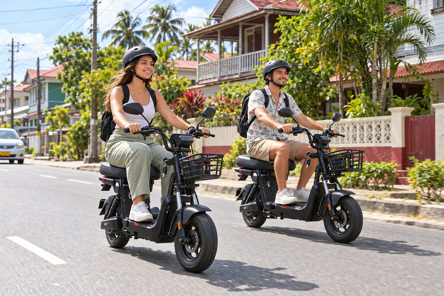 Twee personen met helm op e-bikes in Paramaribo